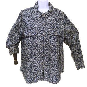 Seven7 Luxe Top Shirt Plus(18/20) Paisley Chambray Cotton Pockets Button-up Navy
